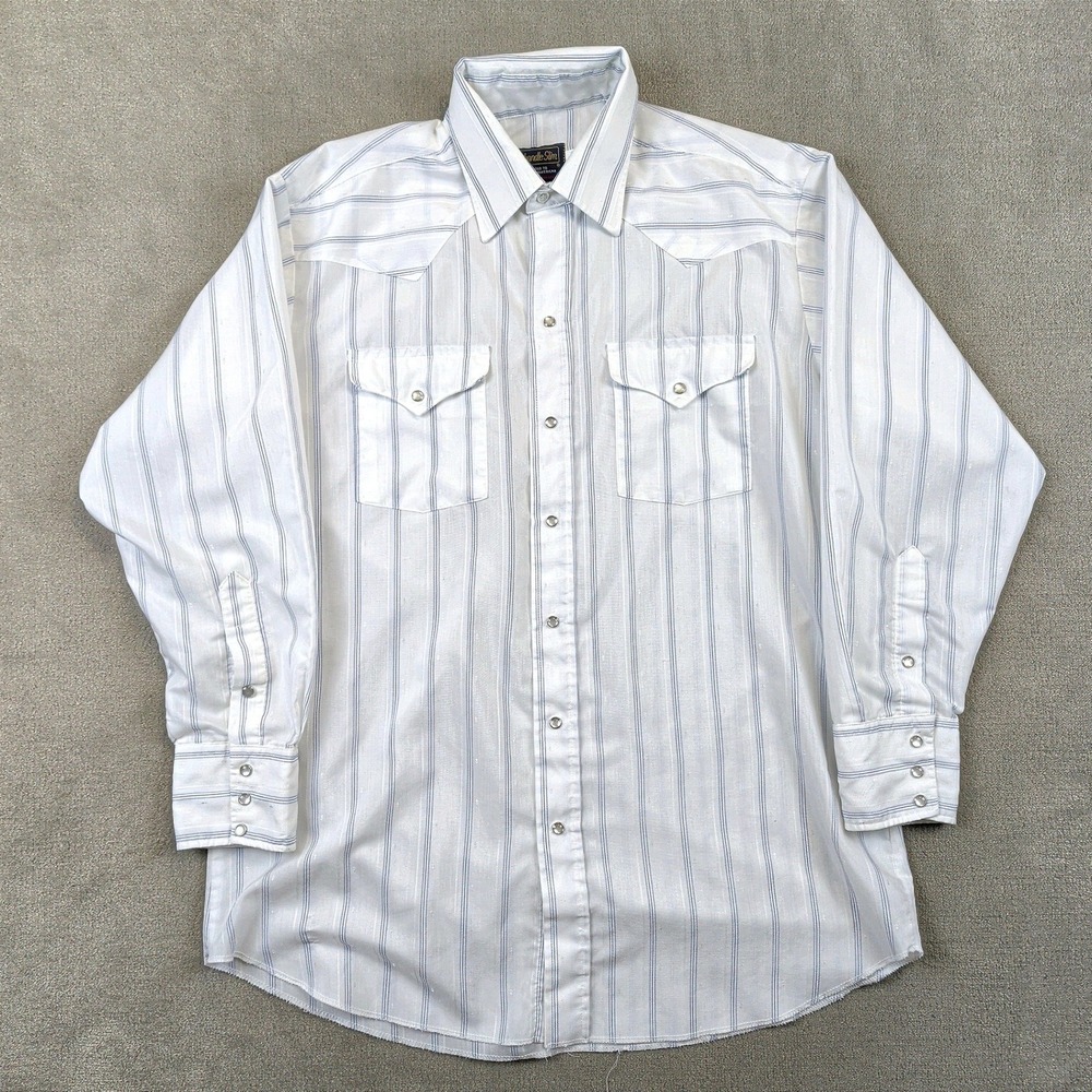 Panhandle Slim Western Shirt Mens 16.5 L White Blue Striped Pearl Snap Vintage